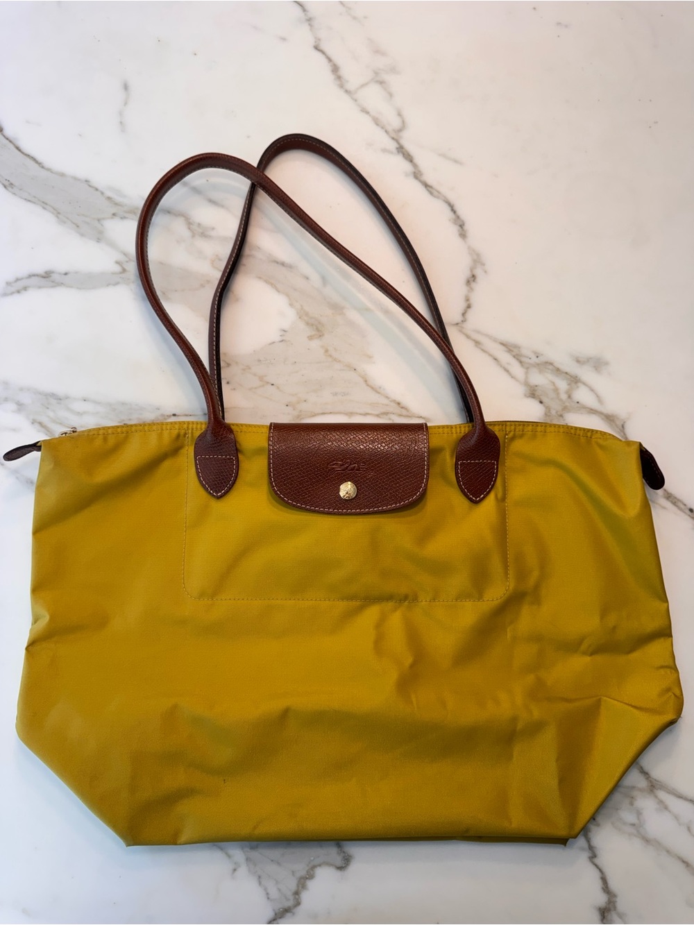 Longchamp Mustard Yellow Tote with Brown Leather Trim
